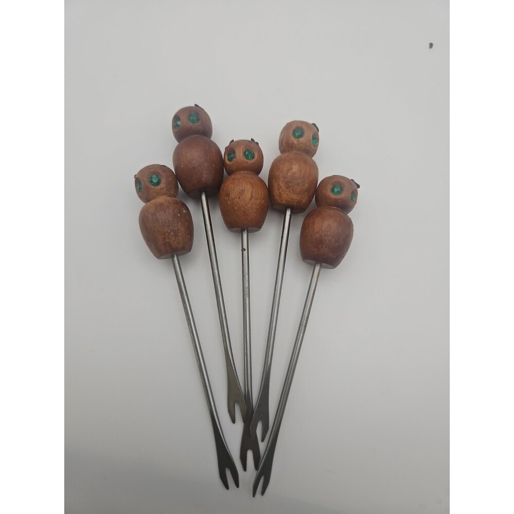 7 Brown Silver Wooden Mouse Holder Appetizer Forks Set Midcentury